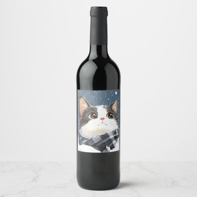 Sött katt mysig vintersnö vinflaska etikett (Framsida)