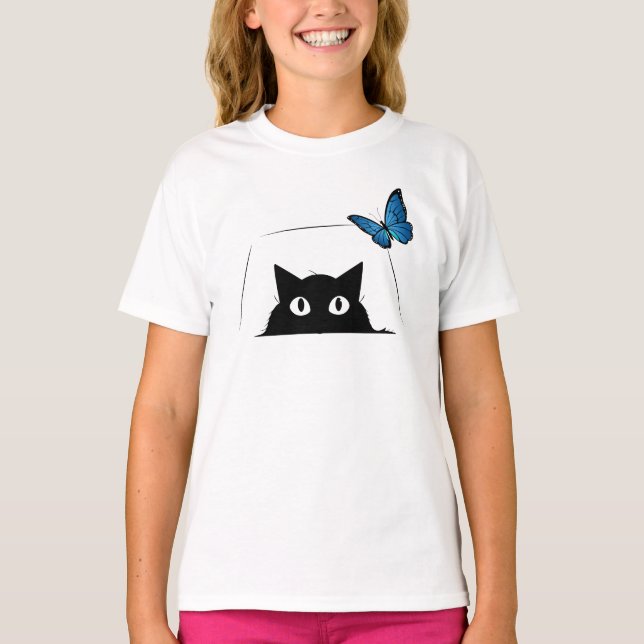 Sött katt och blå fjäril t shirt (Framsida)