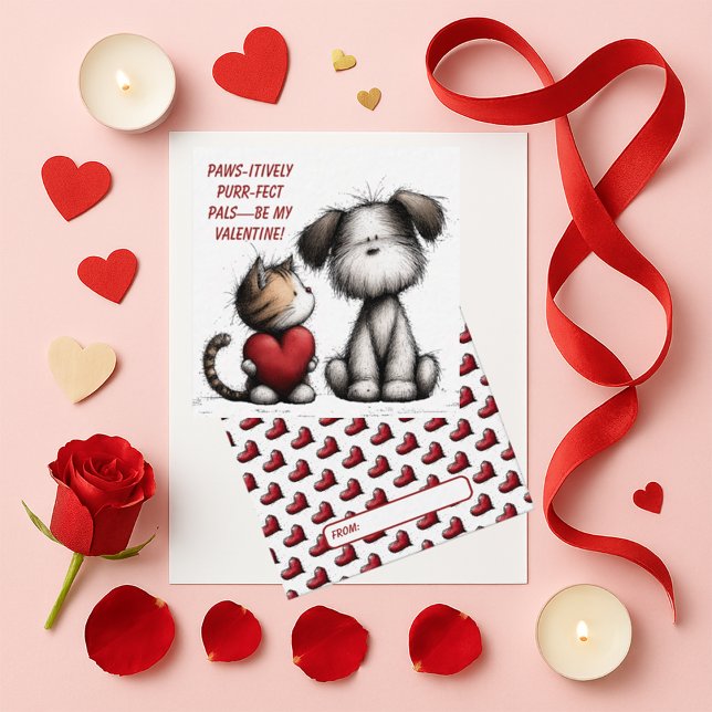 Sött katt- och hundvalentin för barn  anteckningskort (Skapare uppladdad)