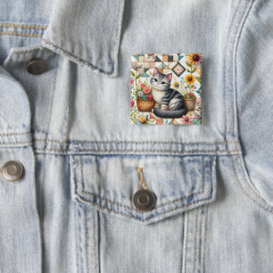 Sött Katt på Blommig Quilt Cottagecore Knapp
