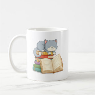 Sött katt på toppen av en bokhög kaffemugg