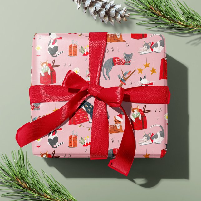 Sött katt rosa retro julmönster presentpapper (Cute Cat Pink Retro Christmas pattern Wrapping Paper)