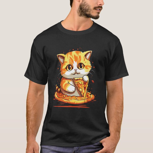 Sött katt som äter en ostig pizza t shirt (Framsida)