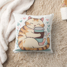 Sött katt som kramar kaffekopp | Whimsisk kastkudd Kudde