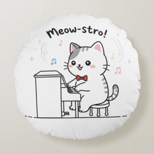 Sött Katt som Spelar Pianomusik Rund Kudde (Framsidan)