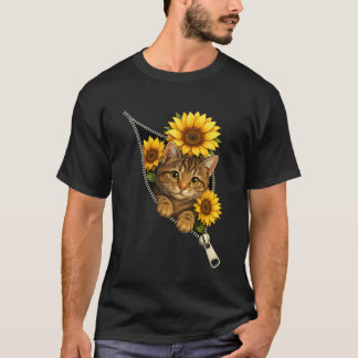 Sött katt som tittar genom dragkedja med solrosor t shirt