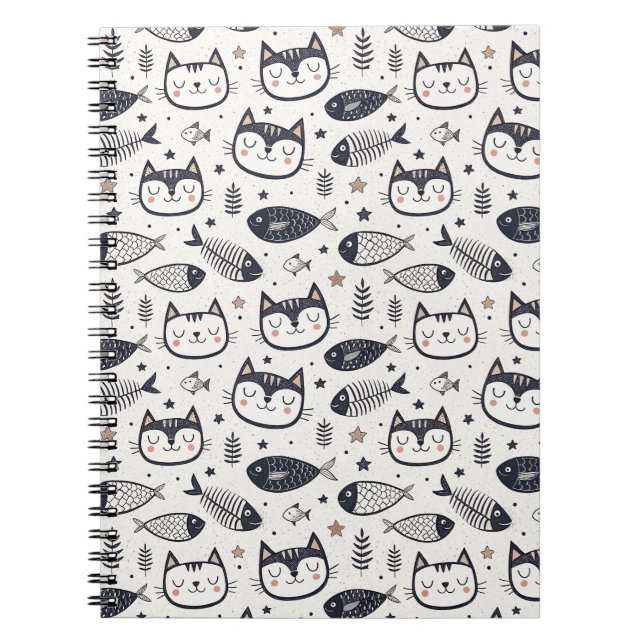 Sött Kattansikte & Fiskbensmönster - Barn Design Anteckningsbok (Framsidan)