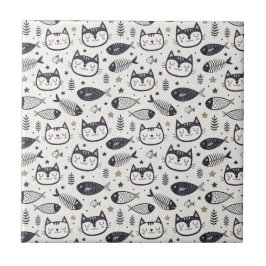 Sött Kattansikte & Fiskbensmönster - Barn Design Kakelplatta