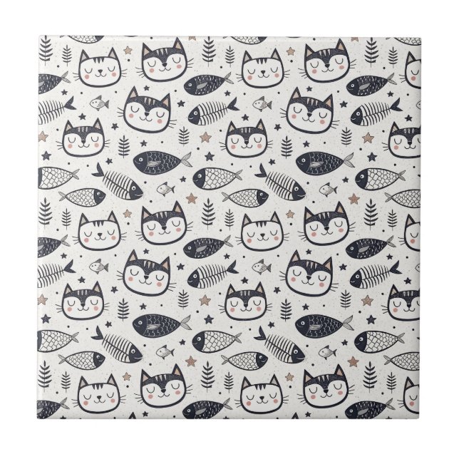 Sött Kattansikte & Fiskbensmönster - Barn Design Kakelplatta (Framsidan)