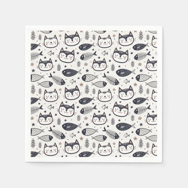 Sött Kattansikte & Fiskbensmönster - Barn Design Pappersservett (Framsidan)