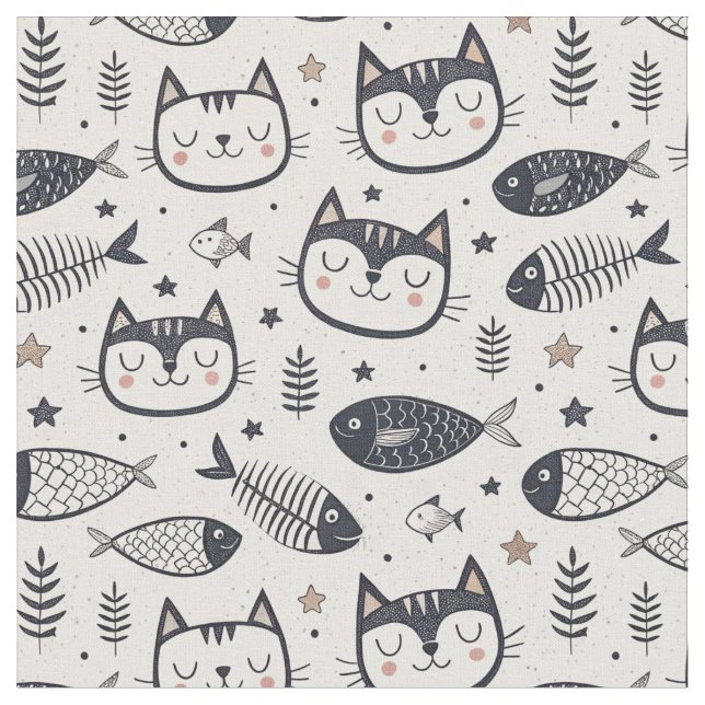 Sött Kattansikte & Fiskbensmönster - Barn Design Tyg (Närbild)