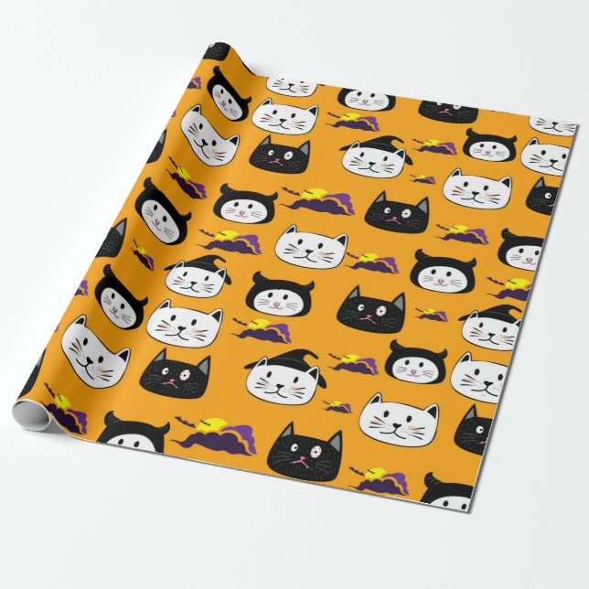 Sött Kattansikte Halloween-mönster Presentpapper (Utrullad)