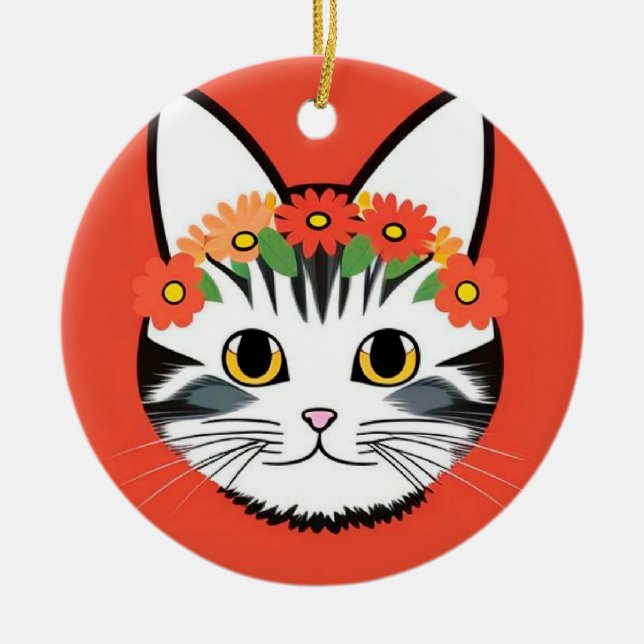 Sött Kattansikte Vibrerande Illustration Julgransprydnad Keramik (Framsidan)