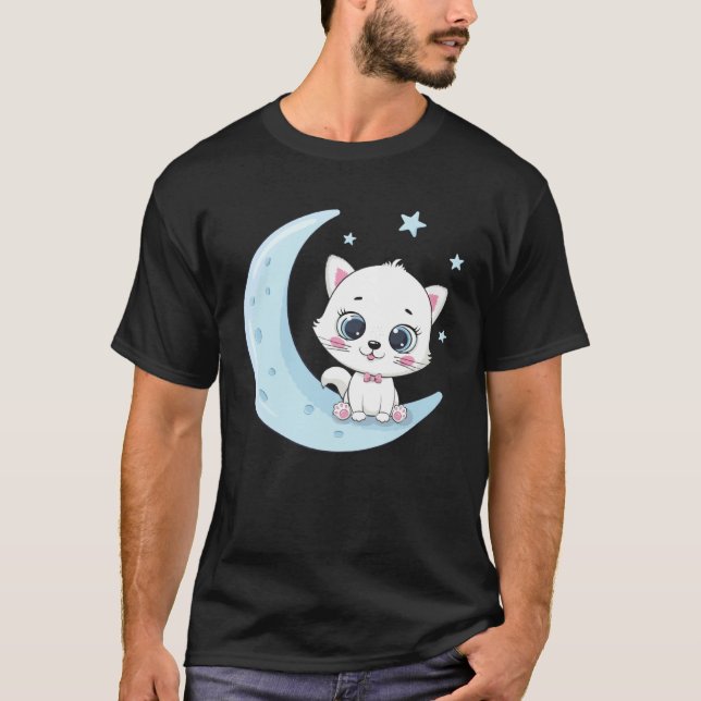 Sött kattbarn som sitter på månen t shirt (Framsida)