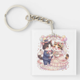 Sött Kattbröllop Nygifta Par Kawaii Brud