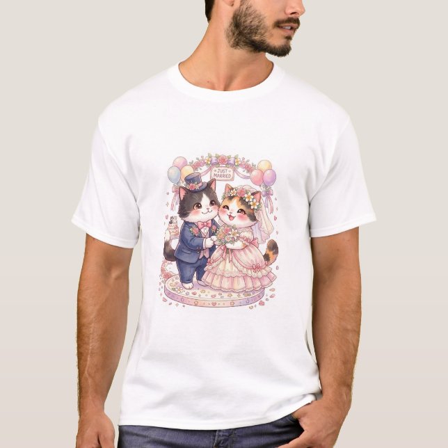 Sött Kattbröllop Nygifta Par Kawaii Brud- T Shirt (Framsida)