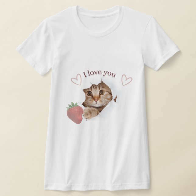 Sött katter ”Jag älskar dig” jordbär design T Shirt (Laydown)