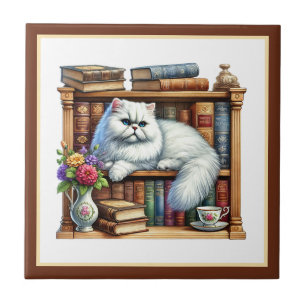 Sött kattläsnook bibliotek bokälskare kakelplatta