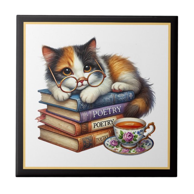 Sött kattläsnook bibliotek bokälskare  kakelplatta (Framsidan)
