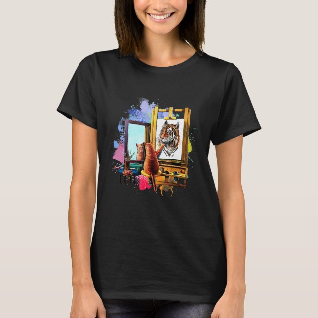 Sött Kattmålning Lejon Konstnärligt Djur T Shirt (Framsida)