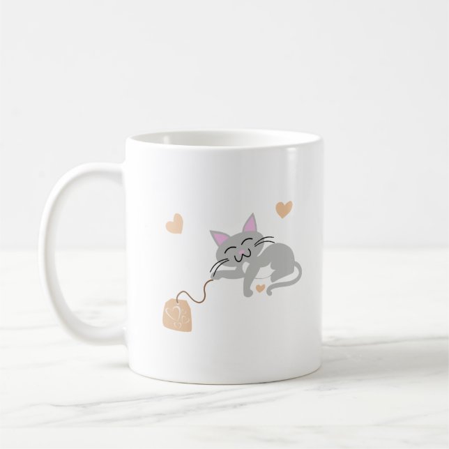 Sött Kattmönster Kaffe Kopp Och Te Påse (Vänster)