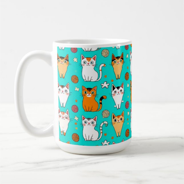 Sött kattmönster med färgglada katter, garnbollar kaffemugg (Vänster)