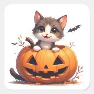 Sött Kattunge I Pumpa Höst Halloween Scen 🎃 Fyrkantigt Klistermärke