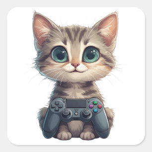 Sött kattunge som håller spelkontroll Gamer Katt Fyrkantigt Klistermärke