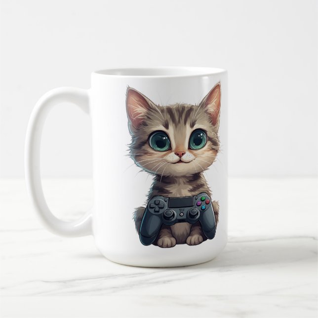 Sött kattunge som håller spelkontroll Gamer Katt Kaffemugg (Vänster)