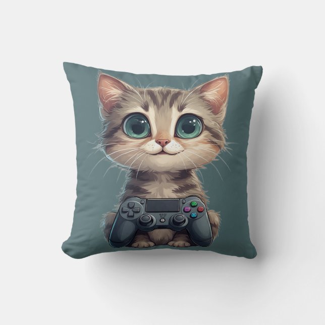 Sött kattunge som håller spelkontroll Gamer Katt Kudde (Framsida)