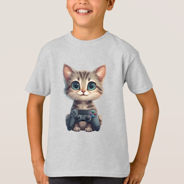 Sött kattunge som håller spelkontroll Gamer Katt T Shirt (Framsida)