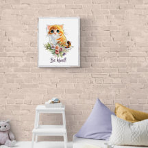 Sött kattunge som tittar upp med akvarellblommor