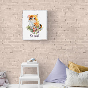 Sött kattunge som tittar upp med akvarellblommor poster