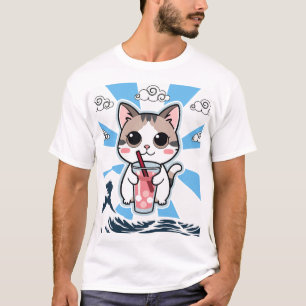 Sött Kawaii Anime Katt Bubble Te Stor Våg Konst T Shirt