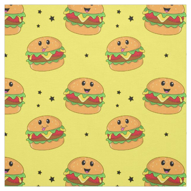 Sött Kawaii Cheeseburgermönster på gult Tyg (Provkarta)