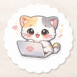 Sött Kawaii Chibi Katt med Laptop Underlägg Papper