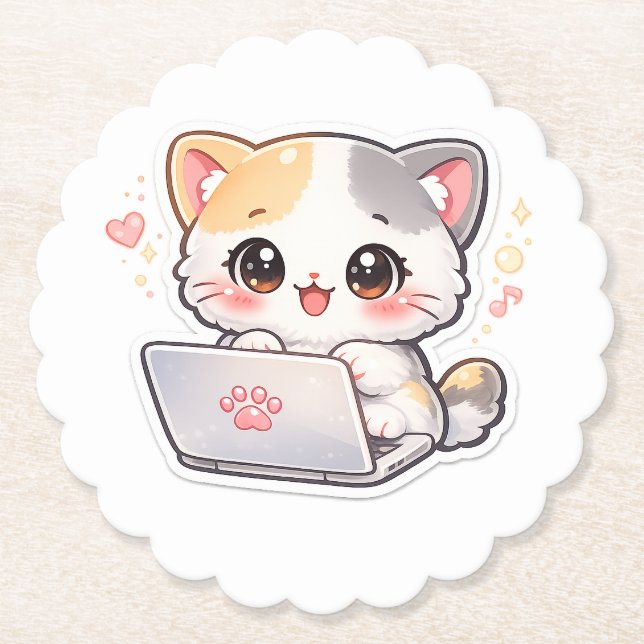 Sött Kawaii Chibi Katt med Laptop Underlägg Papper (Framsida)