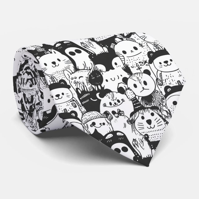 Sött Kawaii Djur Doodle Mönster (1) Slips (Rullad)