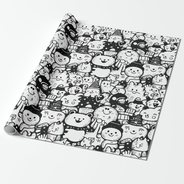 Sött Kawaii Djur Doodle Mönster (2) Presentpapper (Utrullad)