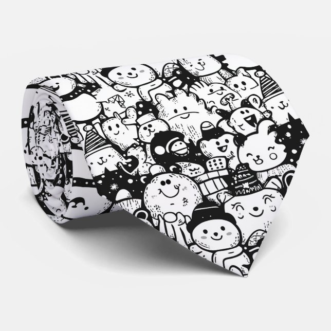 Sött Kawaii Djur Doodle Mönster (2) Slips (Rullad)