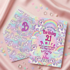 Sött Kawaii Enhörning Pastell Regnbåge Magisk Inbjudningar