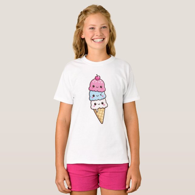 Sött Kawaii Glasskon T Shirt (Hel framsida)