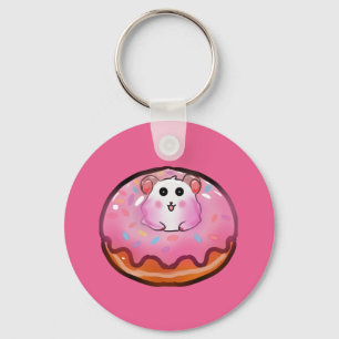 Sött Kawaii Hamster i Rosa Glaserad Donut Konst Nyckelring