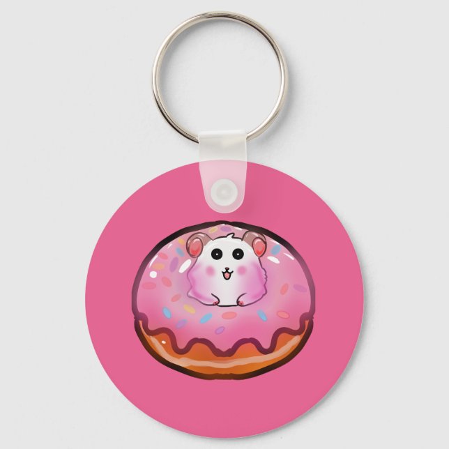 Sött Kawaii Hamster i Rosa Glaserad Donut Konst Nyckelring (Framsida)