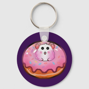Sött Kawaii Hamster i Rosa Glaserad Donut Konst Nyckelring