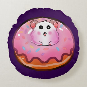 Sött Kawaii Hamster i Rosa Glaserad Donut Konst Rund Kudde