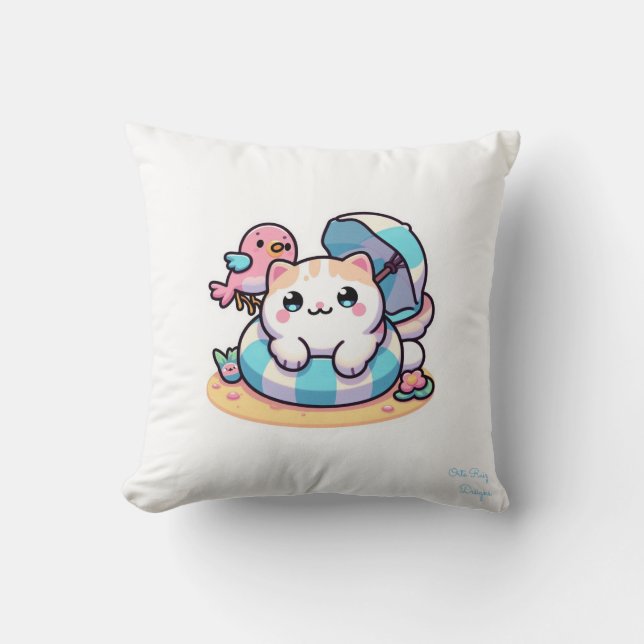 sött kawaii katt på strand Kuddvar Kudde (Framsida)