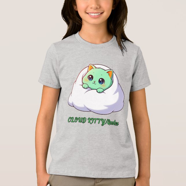 Sött Kawaii Mint Kattunge i Moln T Shirt (Framsida)