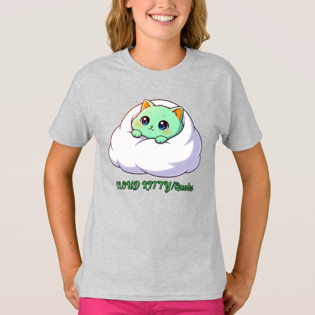 Sött Kawaii Mint Kattunge i Moln T Shirt (Framsida)