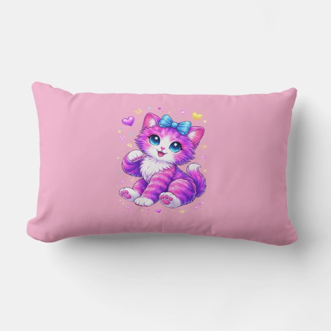 Sött Kawaii Regnbåge Kattunge Gnistrande Hjärtan D Lumbarkudde (Framsida)